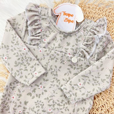 Conj. Body Manga Longa Floral e Calça Anarruga - Verde